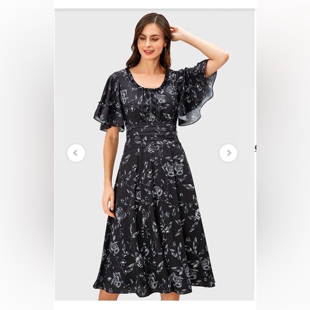 NWOT Rose print crepe pleat waist dress